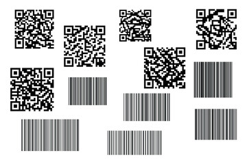 Fake QR code and Barcode set vector illustration. - obrazy, fototapety, plakaty
