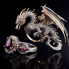 Beautiful elegant ring and necklace in the shape of a dragon with precious stones, rubies, sapphires, emeralds, gold and platinum  generated by artificial intelligence