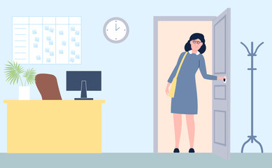 Woman looking into empty office. Manager or corporate worker, cute female character at first day on new work. Employee vector flat concept