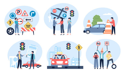Driving lessons at school. People study drive rules and signs, giving license and prepare to examinations. New drivers with instructors, recent vector scenes