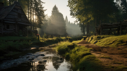 Fototapeta premium natural scenic Beautiful forest countryside wonderful springtime landscape in mountains. grassy field and rolling hills. rural scenery. AI Generated. AI Generative.