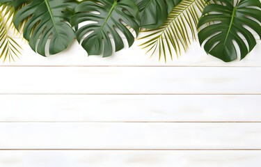 gold and green monstera plant leaves on white wooden table for card decor background