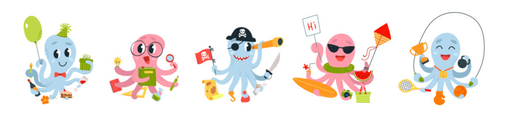 Cartoon octopus multitasking characters. Party, scientist, pirate and athletic marine character. Various octopuses, wild ocean classy vector set © LadadikArt