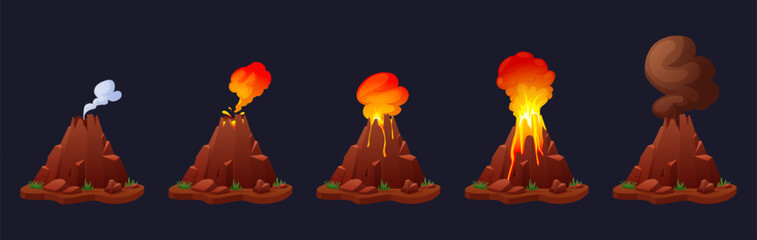 Eruption volcano stages. Nature cataclysm, erupting process step by step. Volcanoes with lava, fire, smoke and ashes. Nowaday game vector elements