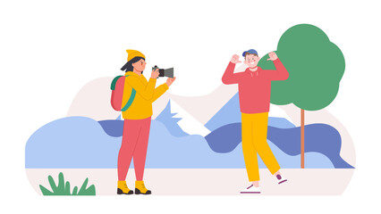 Girl taking photo boyfriend on nature. Sport hiking, travellers with backpack. Young photographer, happy guy doing content, vector scene