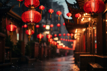 Red lanterns and glitter light up the night sky in a city street, in the style of oriental,...