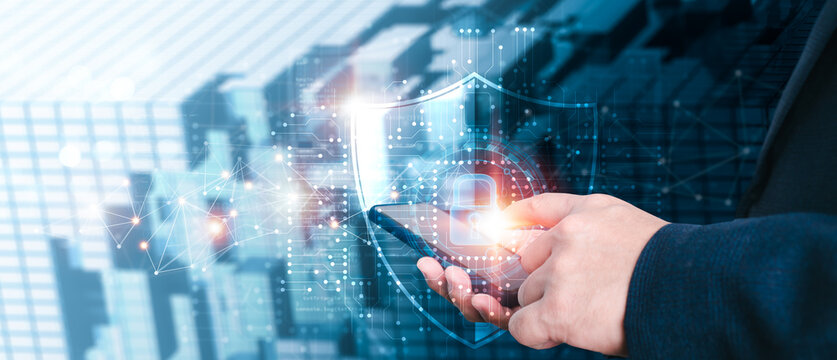 Businesspeople using mobile phone internet networks, data encryption for user privacy, data security and defense against cyberattacks, and data protection for financial and commercial transactions.