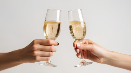 Festive New Year's toast, glasses with delicious champagne at the party. Christmas celebration or New Year's Eve party.