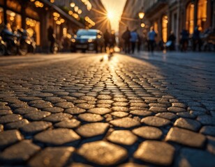 Close-up old city cobblestone pavement structure and texture at golden hour with city life on the...