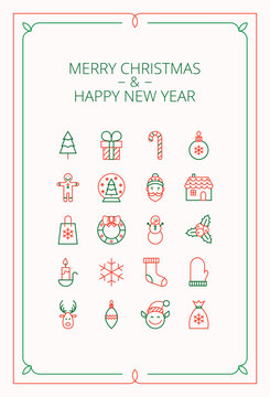 Christmas Outline Greeting Card. Vector Illustration of Winter Holiday. Seasonal Greetings. Postcard line style.