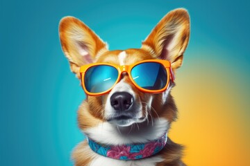 Obraz na płótnie Canvas a Corgi dog with sunglasses on blue background , Generative Ai