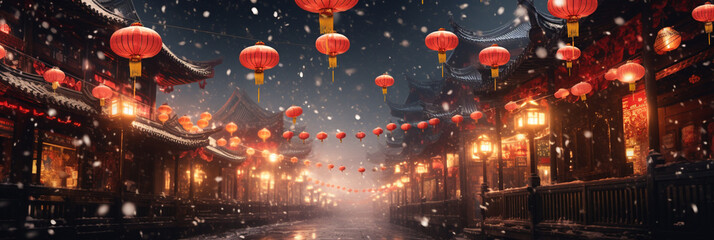 Red lanterns and glitter light up the night sky in a city street, in the style of oriental, light-focused. Chinese new year