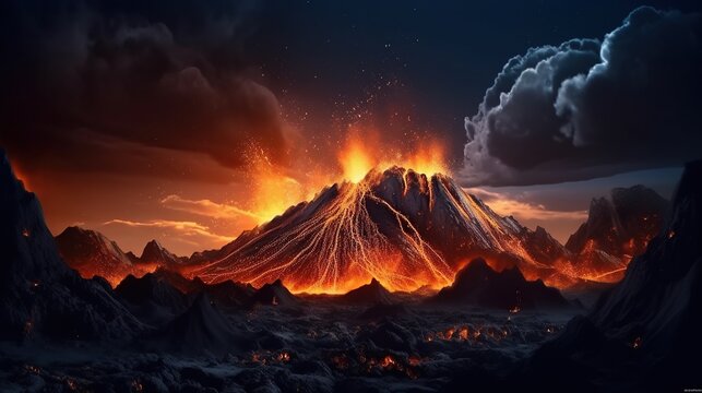 Volcano eruption at night. Surreal natural landscape with cracked earth and mountain with fire,