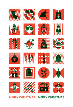 Outline Geometric Christmas Poster. Vector Illustration of Winter Holiday. Seasonal Greetings. Postcard line style.