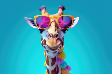 Fototapeta premium a Giraffe with sunglasses on blue background , Generative Ai
