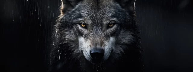 Foto op Canvas Closeup of a black wolf with yellow eyes on dark background. Wet canadian wolf in heavy rain. Banner with wild animal in nature habitat. Wildlife scene © ratatosk