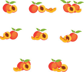 Peach whole fruit and half sliced. Ripe pink peach, apricot or nectarine icon for package design.