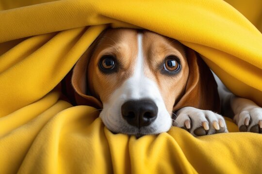 Little scared Jack Russell terrier puppy laying on bed under yellow blanket. Cute curious dog resting at home. Adored pet on cozy bed