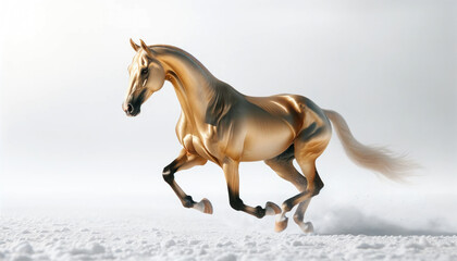 Dynamic running Akhal-Teke horse with gold coat, white snow background