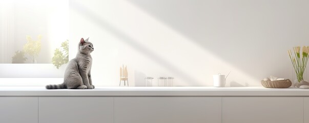 Gray domestic cat sitting on modern kitchen counter. Pet on kitchen table on sunny day at home. Light scandinavian interior design. Cozy place for cooking with copy space