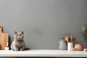 Gray domestic cat sitting on modern kitchen counter. Pet on kitchen table on sunny day at home....