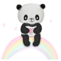 Panda with heart sitting on the rainbow. Cute teddy bear panda. Hand painted illustration isolated on white background. Greeting card, birthday, Valentine’s Day, love. Baby shower, print design