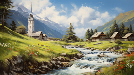 Fototapeta na wymiar Swiss landscape with river stream and house