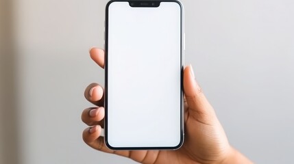 woman hands holding cell phone, mockup white blank display, empty screen, 16:9