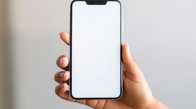 woman hands holding cell phone, mockup white blank display, empty screen, 16:9
