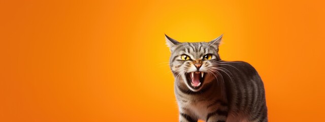 Evil cat looks maliciously, incredulously on orange background. Ferocious cat hisses with open mouth, shows teeth. Crazy tabby pet crying