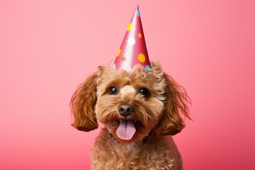 Happy cute dog wearing in party hat celebrating at birthday party isolated on pink background. Greeting card, banner, postcard, poster, print, design with copy space