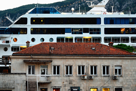 Kotor, Montenegro, Balkans, Europe - Azamara Journey R-class cruise ship (Malta, Valletta) in harbour of Kotor, city center near historic part, in front Port Captaincy building
