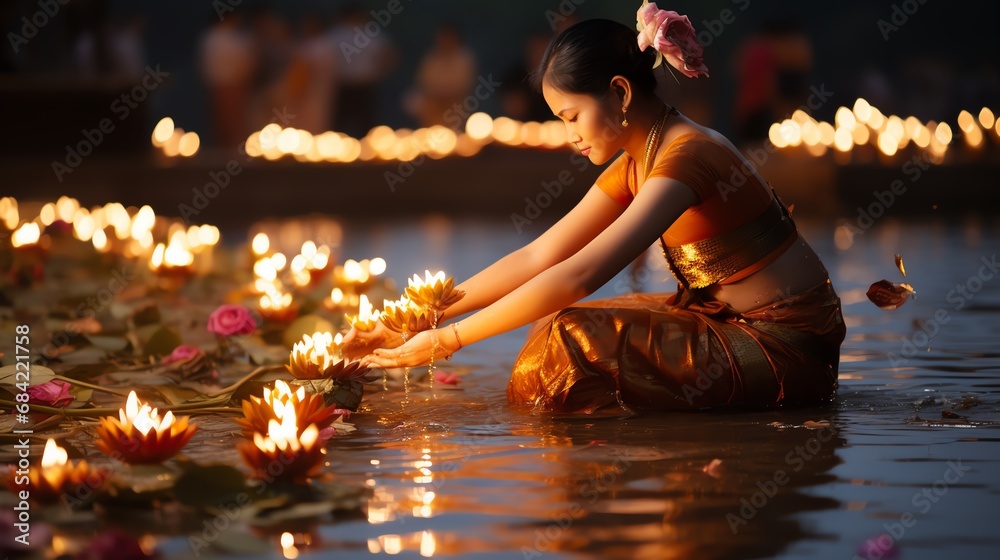 Wall mural beautiful thai woman in thai dress on a wooden background and holding a krathong. to float in the la