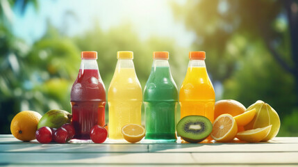   bottles of fruit juice with fresh fruits with nature green background.generative ai - obrazy, fototapety, plakaty