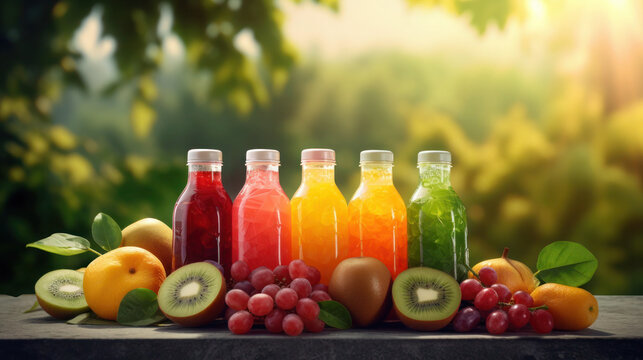   bottles of fruit juice with fresh fruits with nature green background.generative ai