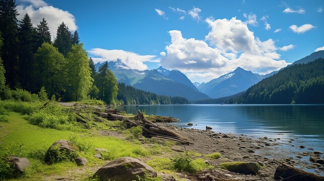 Beautiful mountain lake scenery with clear still water, mountain ridge, dense forest, meadow shores and tall pine trees in the foregroun