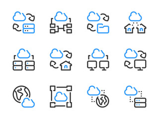 Cloud computing services vector line icons. Data transfer and Online storage preferences outline icon set.