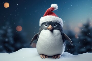Fototapeta premium Cute little penguin in red hat on blurred blue background with snow. Christmas cute cartoon character. Winter holidays concept. Christmas and New Year greeting card or banner with copy space