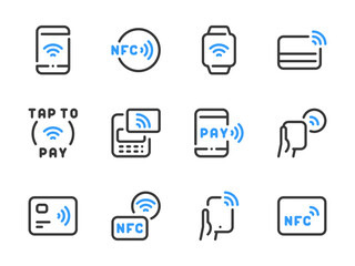NFC and Contactless payment vector line icons. Credit card and Cashless purchase outline icon set.