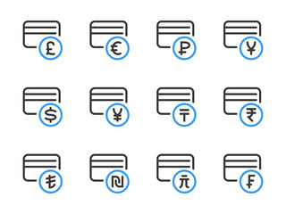Credit card and International currencies vector line icons. Finance and Payment outline icon set.