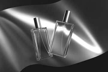 3D rendering of a flying perfume packaging mockup on a stand with place for design 