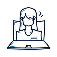 Hand drawn woman with laptop doodle line illustration design. Woman with laptop doodle icon.