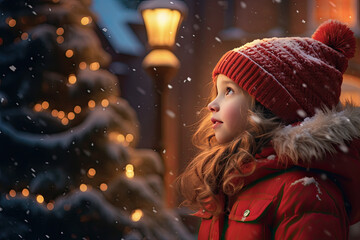niña vestida de invierno observando un árbol de navidad decorado en calle de una ciudad durante...