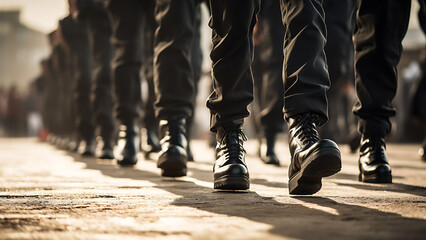 Army parade shoes on blur background. - obrazy, fototapety, plakaty