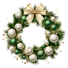 Fototapeta na wymiar Festive Christmas wreath adorned with a large red ribbon, golden baubles, and holly berries, white background