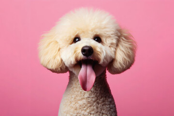poodle in center frame dog sticking its long tongue out on solid pink background. ai generative - obrazy, fototapety, plakaty