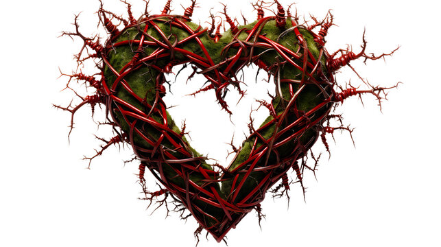 Conceptual image of a heart-shaped figure made from sharp red thorns, symbolizing painful love