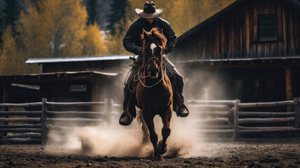 Cowboy on galloping horse kicking up dust at a ranch