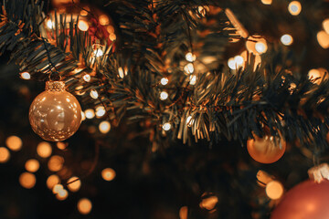 Golden garland lights and shiny Christmas ball hanging on a Christmas tree. Decorated spruce...