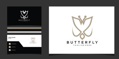 Minimalist butterfly logo with business card. Premium Vector